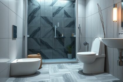 Modern darálós WC a fürdőszobában, zuhanyzóval és mosdóval.