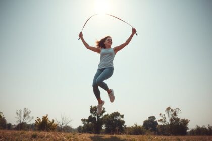 Egy fiatal nő ugrálókötéllel edz egy napfényes szabadban, boldogan.