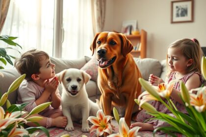 Gyermekek és háziállatok liliomok között otthon