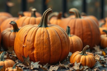 Sütőtökök egy őszi tájban, levelek között.