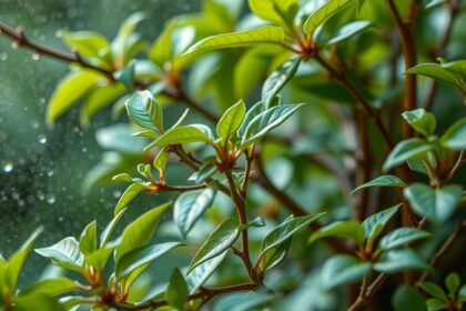 Friss zöld növények levelei cseppel a háttérben