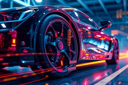 Modern sportautó részlete, kiemelve az autóipari gyorsulásmérőt és technológiát.