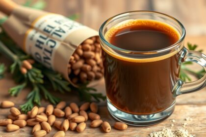 Cikória kávé műanyag pohárban, cikória gyökérrel és magvakkal.