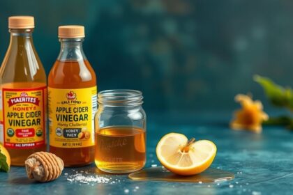 Méz és almaecet üvegek a konyhában, friss citrommal és mézzel.