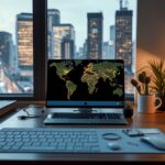 Otthoni munkahely távmunkához, laptop, világ térképpel és növényekkel.