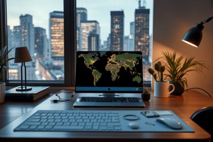 Otthoni munkahely távmunkához, laptop, világ térképpel és növényekkel.