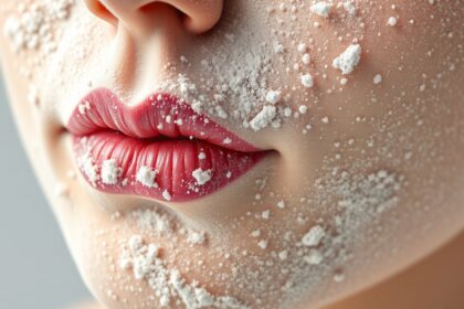 Hintőporral borított ajkak, egészségügyi kockázatokra figyelmeztetve.