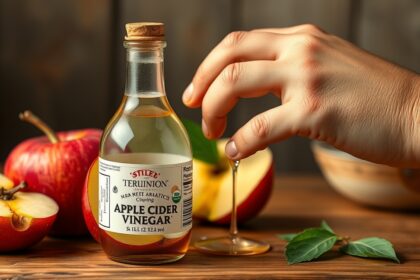 Almaecet üveg a közelben, friss almák és egy kéz válogatja ki az ecetet.