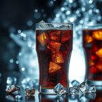 Szénsavas üdítők jégkockákkal egy asztalon