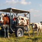 Mobil sajtáros fejőgép tehenekkel a mezőn