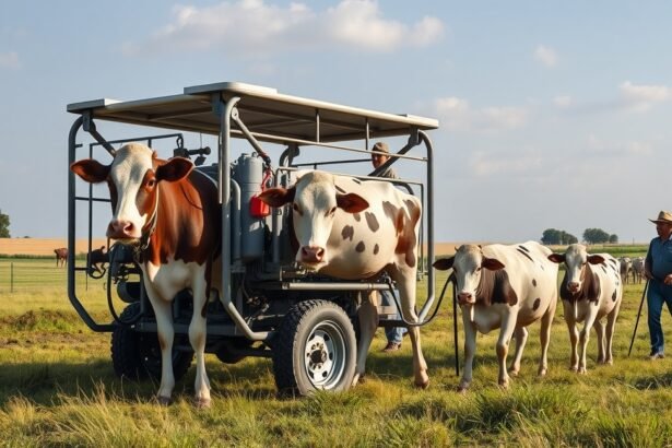 Mobil sajtáros fejőgép tehenekkel a mezőn