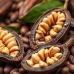 Kakaóbab és kakaóbab magok tápanyagokkal körülvéve