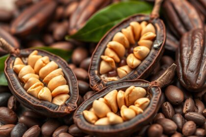 Kakaóbab és kakaóbab magok tápanyagokkal körülvéve
