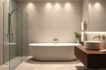 Modern fürdőszoba automata kádleeresztővel és esztétikus berendezéssel.