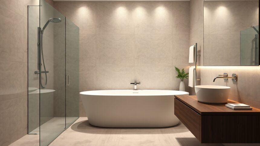 Modern fürdőszoba automata kádleeresztővel és esztétikus berendezéssel.