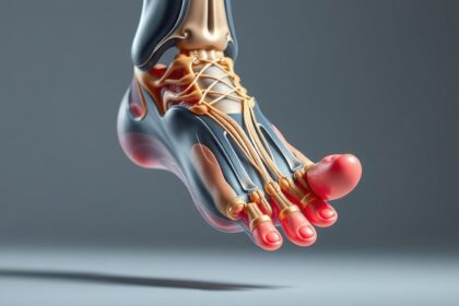 Anatomical illustration of a foot focusing on the little toe and its role in balance.