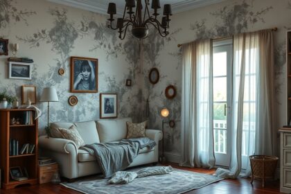 Szép, tágas nappali tele könyvekkel és képekkel, amely penészmentes környezetet mutat.