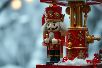 Diótörő gép díszítéssel, hóesés háttérben