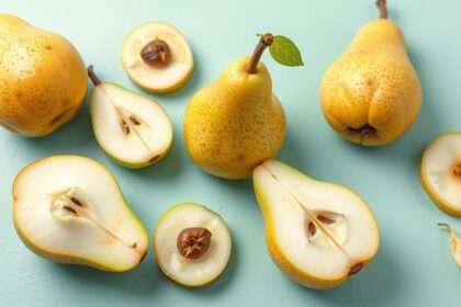 Friss körte szeletek és egész körte egy világoskék háttéren.