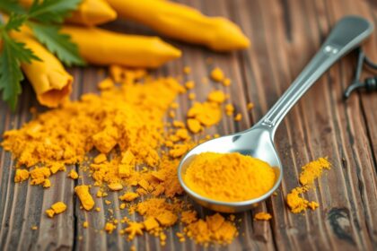 Kurkuma por és friss kurkuma gyökér egy kanálon, fából készült asztalon.