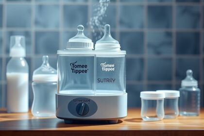 Tommee Tippee sterilizáló különböző tárolóedényekkel és üvegekkel.