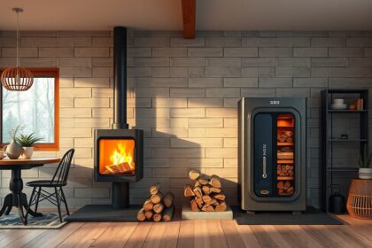 Modern fa tüzelésű kazán tűzhellyel és fát tároló szekrény.