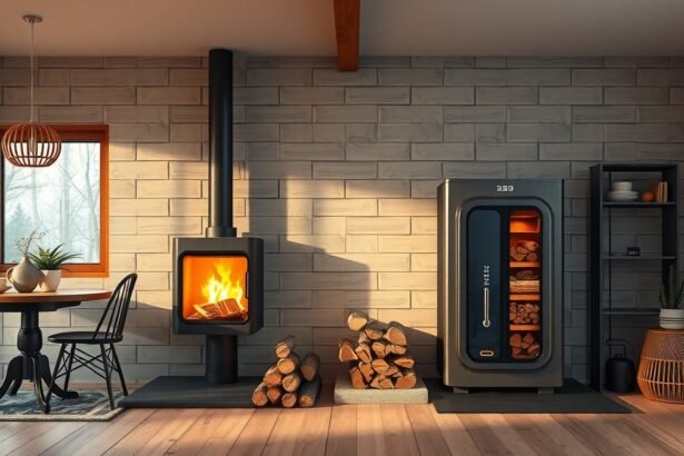 Modern fa tüzelésű kazán tűzhellyel és fát tároló szekrény.