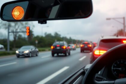 Irányjelző működés közben autóból nézve, forgalmi jelzésekkel.