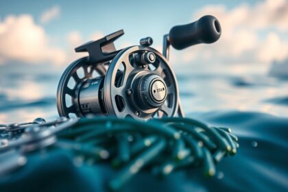 Modern nyeletőfék horgászbothoz, zöld zsinórral a vízben