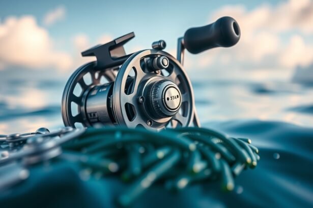 Modern nyeletőfék horgászbothoz, zöld zsinórral a vízben