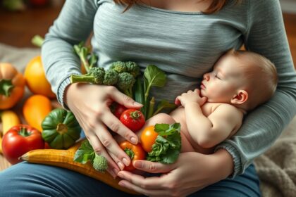 Egy anya karjaiban tartja a babáját és egészséges zöldségeket.