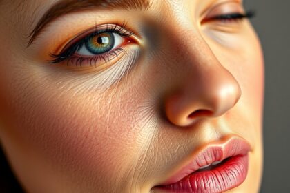 Részlet egy női arc közelről, kiemelve a bőr textúráját és ragyogását.