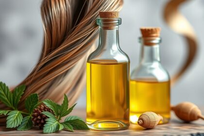 Ricinusolaj üvegpalackok és egészséges haj
