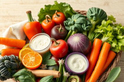 Színes zöldségek és gyümölcsök vegán étrendhez