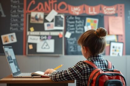 Diák digitális oktatási környezetben, laptop előtt ülve.