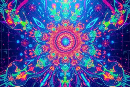 Színes mandala művészet, amely a tudatmódosulást szimbolizálja.