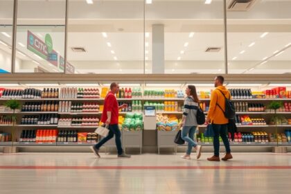 Modern bolt belső tér, vásárlók termékek között