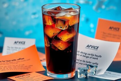 Kóla jégkockákkal, egészségi hatásokról szóló tippekkel körülvéve.