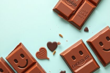 Tábla csokoládé aranyos mintával és szív alakú csokik.