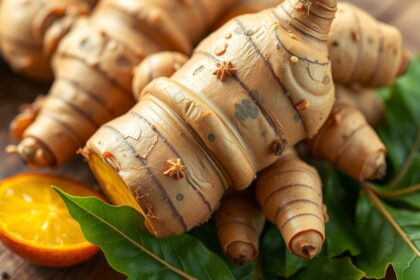 Friss gyömbér gyökérlevelekkel és narancs szeletekkel.