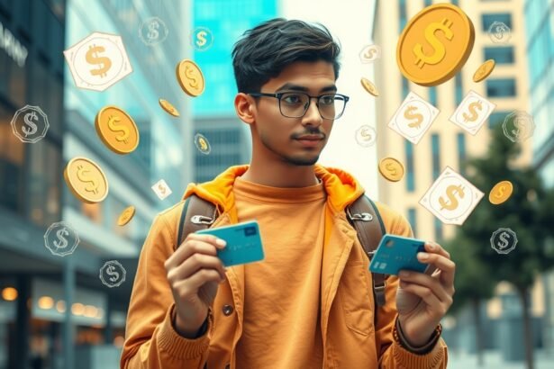 Fiatal férfi bankszámla választás előtt, pénzérmék körülötte.