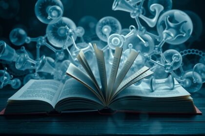 Nyitott könyv tudományos szimbólumokkal a háttérben