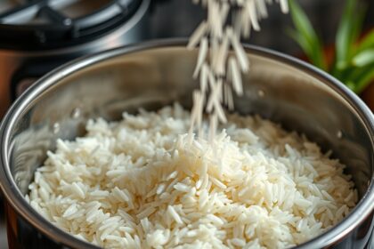 Frissen öblített rizs a rizsfőzőben, készítés közben.