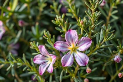 Rozmaring virágai egy zöld növény háttér előtt
