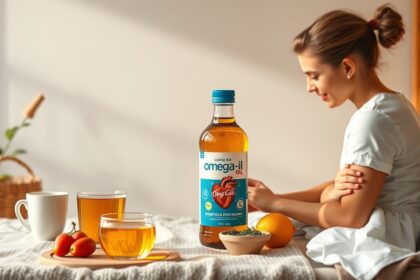 Nő omega-3 olajjal és egészséges ételekkel egy asztalon