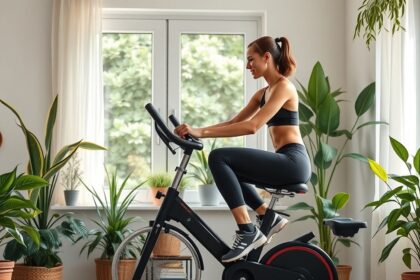 Nő edz szobakerékpáron világos, növényekkel díszített szobában.