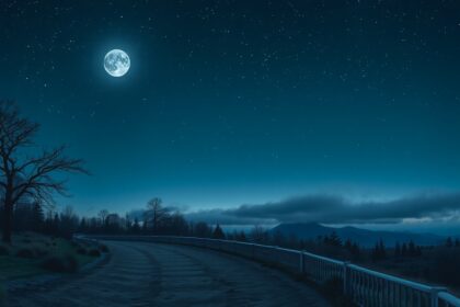 Nyugodt éjszakai táj, tele csillagokkal és teliholddal