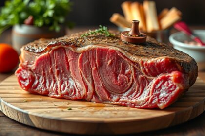 Friss vörös hús tálalva egy fa vágódeszkán, zöld fűszerekkel.