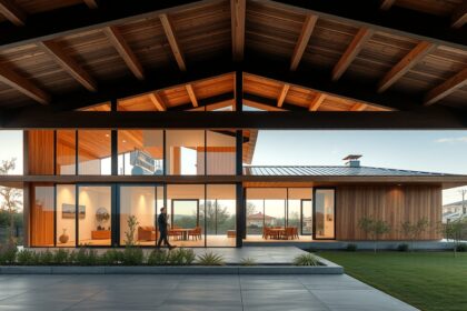 Könnyűszerkezetes ház modern designnal és széles üvegfelületekkel.