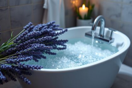 Levendulás fürdősó a fürdőkádban, aromaterápia és relaxáció.